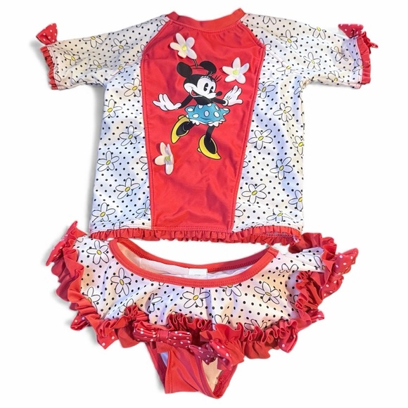 Disney Other - Minnie Mouse 2 piece swimsuit set with short sleeved top and bow skirt size 4